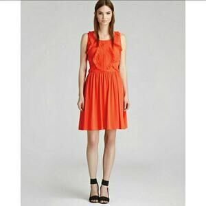 Reiss Loulou Silk Dress SZ 10 | Orange Red Ruffle Chiffon Gathered Flowy A-line